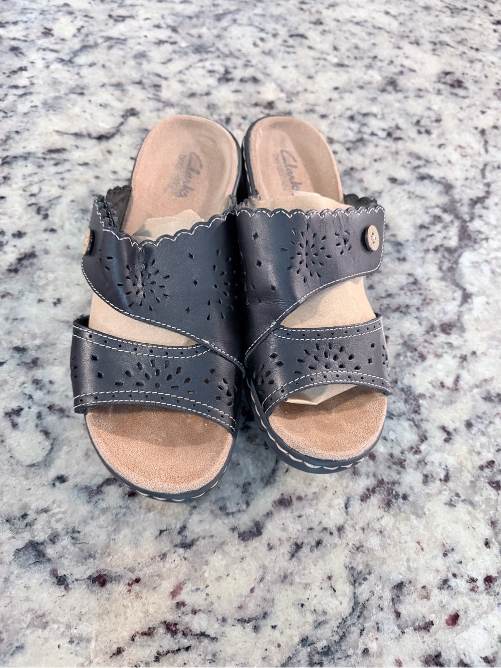 Clarks Black Scalloped Perforated Slide Sandals